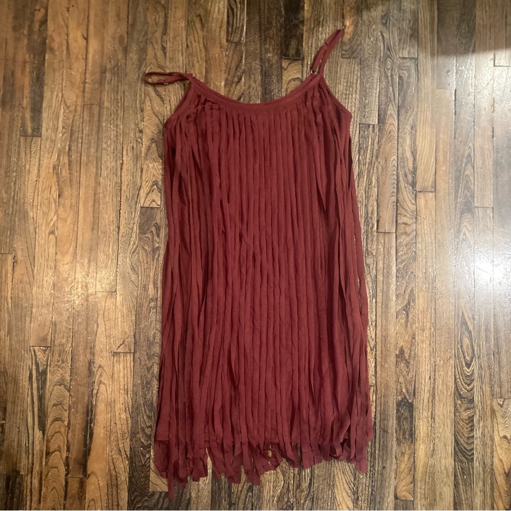 Dark Red Faux Suede Fringe Dress